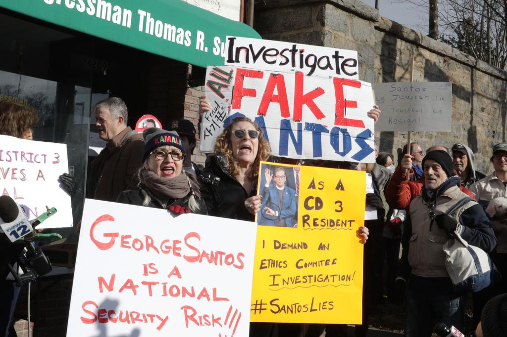 A crowd of demonstrators outside the Queens office of Rep. George Santos.