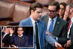 George Santos raising his hand in the House chamber alongside a photo of him with Rep. Matt Gaetz.