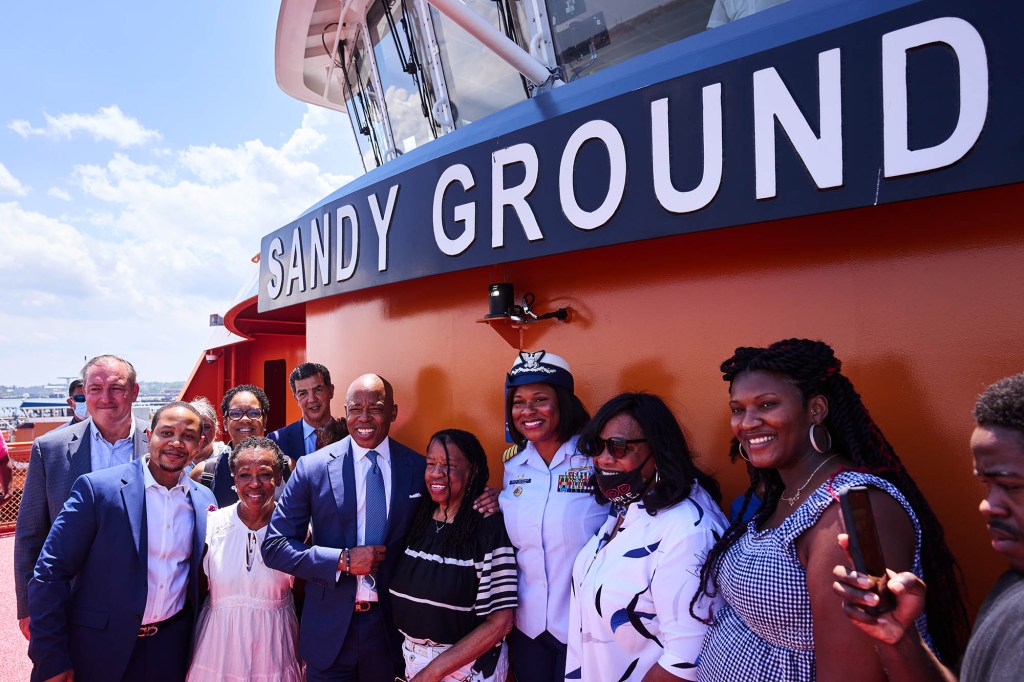 New York City Mayor Eric Adams on the maiden voyage of the Sandy Ground in June 2022.
