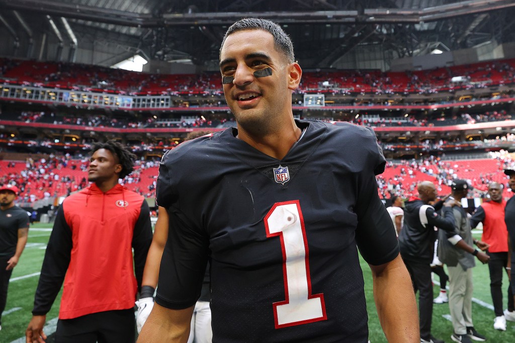 Marcus Mariota reacts after Atlanta's 28-14 win against the San Francisco 49ers in 2022.