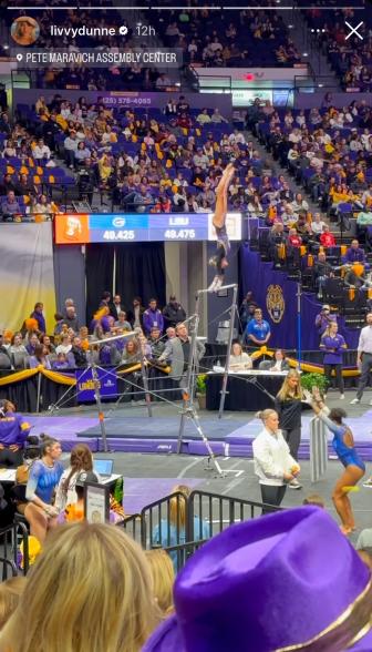 Olivia Dunne on the uneven bars during the LSU v. Florida meet.