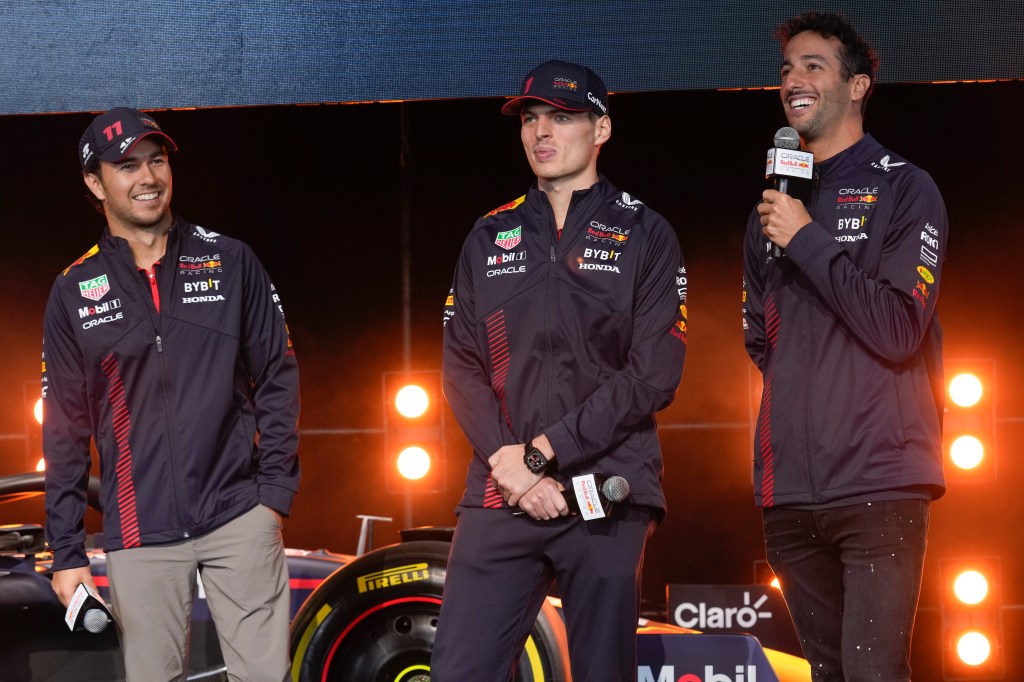 Red Bull Racing drivers Sergio Perez, Max Verstappen, and Daniel Ricciardo 