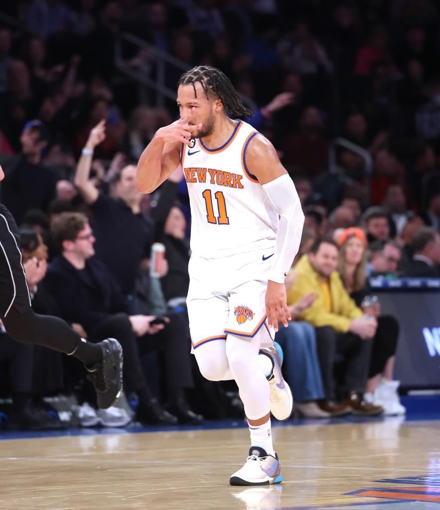 Jalen Brunson celebrates after he hits a 3-pointer during the Knicks' win over the Nets on Feb. 13, 2023.