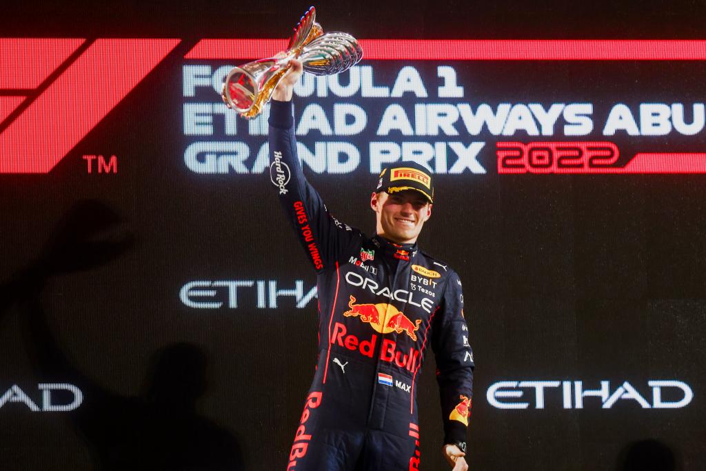 Max Verstappen of Red Bull Racing with a trophy after winnig Formula 1