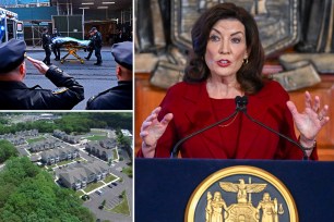 Hochul in a red outfit speaking at a podium in a wood paneled room alongside photos of cops looking at a street and an aerial view of a suburb