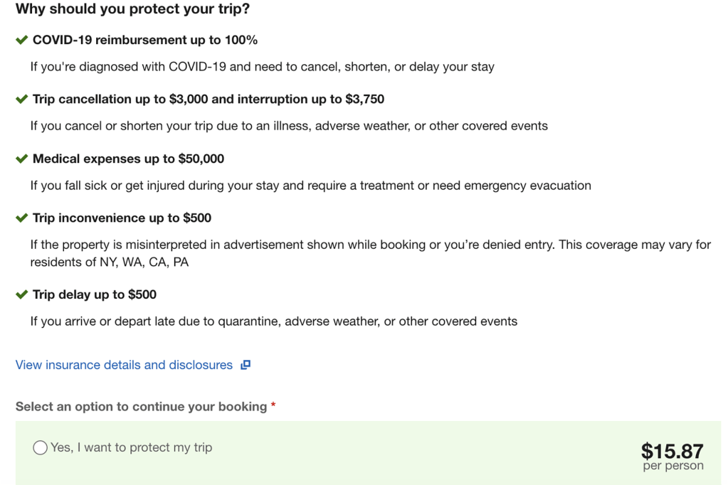 A screen shot of Expedia travel insurance
