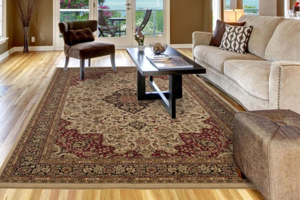 Brown oriental style rug in contemporary living room.