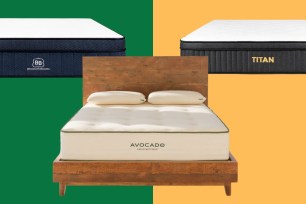 Three mattresses on a dual colored background.