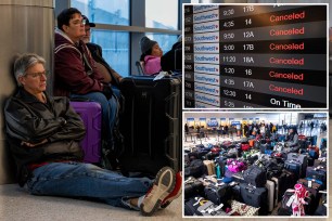 Airline passengers sit on the floor