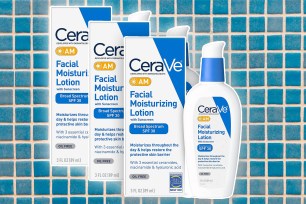 CeraVe AM Facial moisturizer repeats on a background of blue tile.