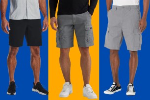 The men in three different pairs of cargo shorts on a blue and orange background.