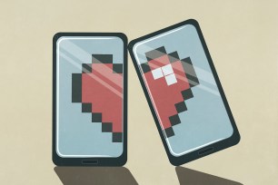 Pixelated broken heart on smart phone screens