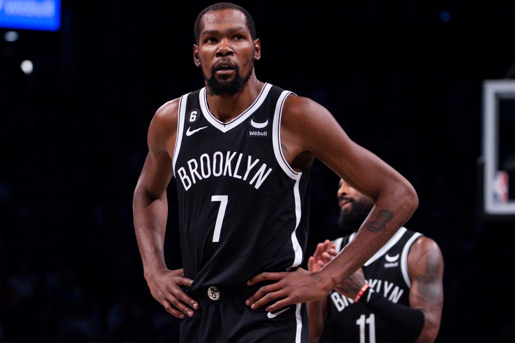 Kevin Durant reacts during a Nets game in October 2022.