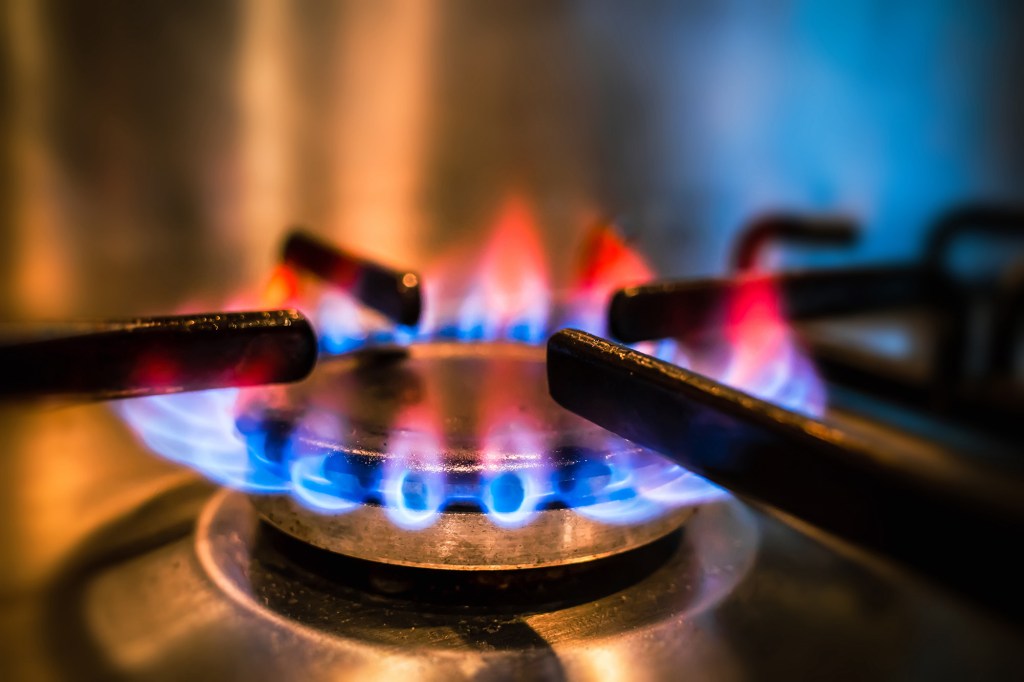 A flame with a gas stove that is very blue and red