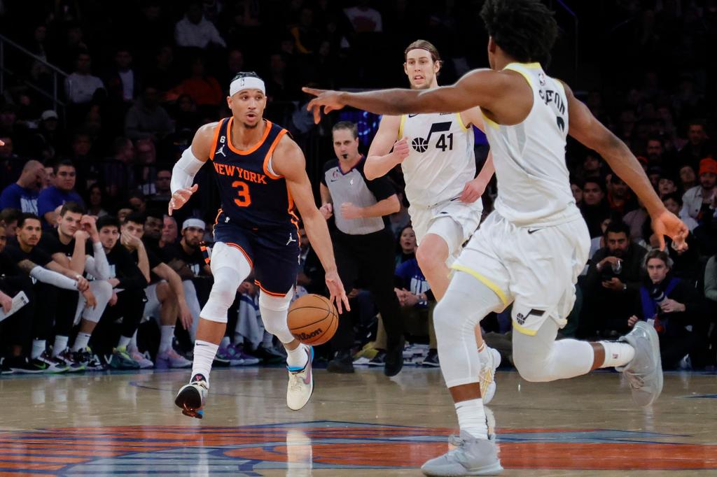 New York Knicks guard Josh Hart drives to the basket against the Utah Jazz in the second half. The New York Knicks defeat the Utah Jazz at Madison Square Garden in New York, USA, February 11, 2023.