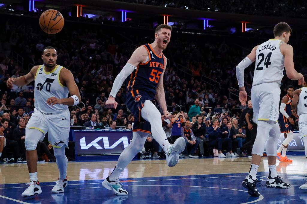 New York Knicks center Isaiah Hartenstein slams the ball against the Utah Jazz in the second half. The New York Knicks defeat the Utah Jazz 126-120 at Madison Square Garden in New York, USA, February 11, 2023.