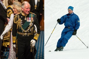 Two pictures of King Charles III. On the left, King Charles in his royal attire. On the right, the monarch is skiing.