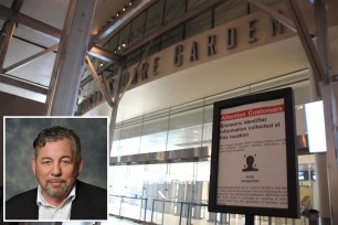 James Dolan headshot inset against a background of a a sign informing people at madison square garden that facial recognition software is used