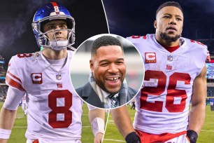 Michael Strahan (inset) thinks the Giants' future is bright if they keep Daniel Jones (left) and Saquon Barkley.