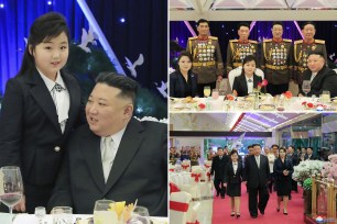 North Korean leader Kim Jong Un and his daughter attend a feast to mark the 75th founding anniversary of the Korean People's Army in North Korea on 7, 2023.