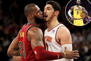 Enes Kanter Freedom shades LeBron James after the Lakers star surpassed Kareem Abdul-Jabbar to become the NBA’s all-time leading scorer on Feb. 7, 2023. 