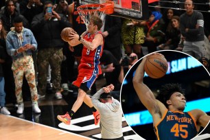 The 76ers' Mac McClung slams home one of his many winning dunks en route to capturing the Slam Dunk Contest over the Knicks' Jericho Sims (inset) and two others.