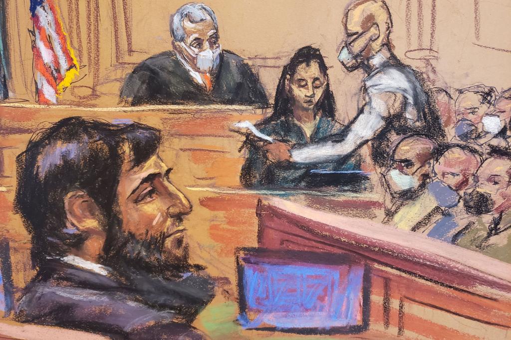 A member of the jury hands the "guilty" verdict to the courtroom deputy in the trial of Sayfullo Saipov, in this courtroom sketch.