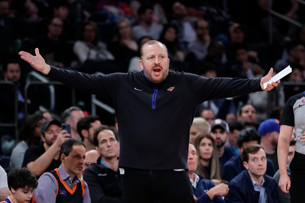 New York Knicks Tom Thibodeau reacts on the sideline against the Utah Jazz in the second half. The New York Knicks defeat the Utah Jazz 126-120 at Madison Square Garden in New York, USA, February 11, 2023.