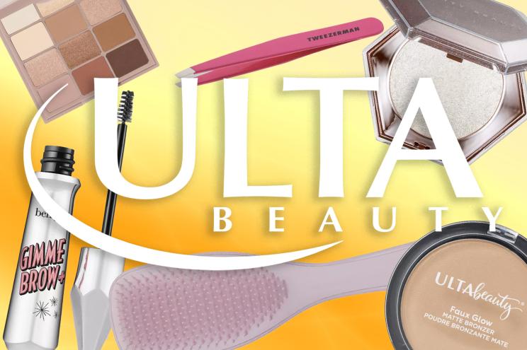 Beauty products behind an Ulta Beauty logo