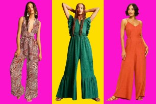Three models in different jumpsuits with a purple and yellow background.