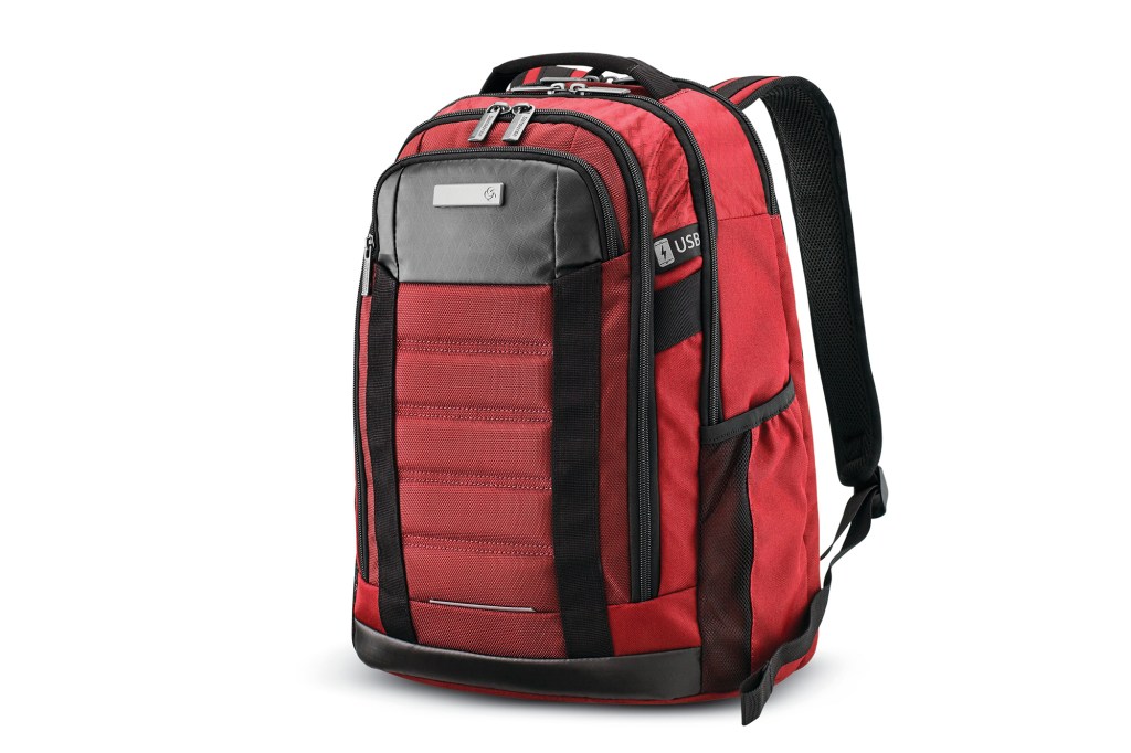 A red travel backpack