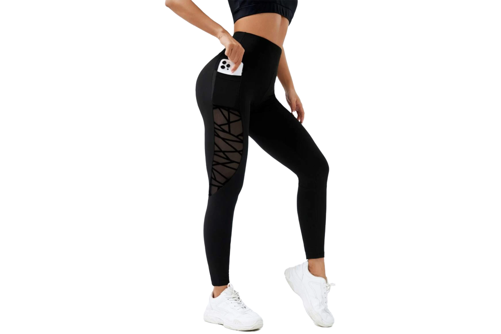 Geo Mesh Insert Tummy Control Sports Leggings with Phone Pocket