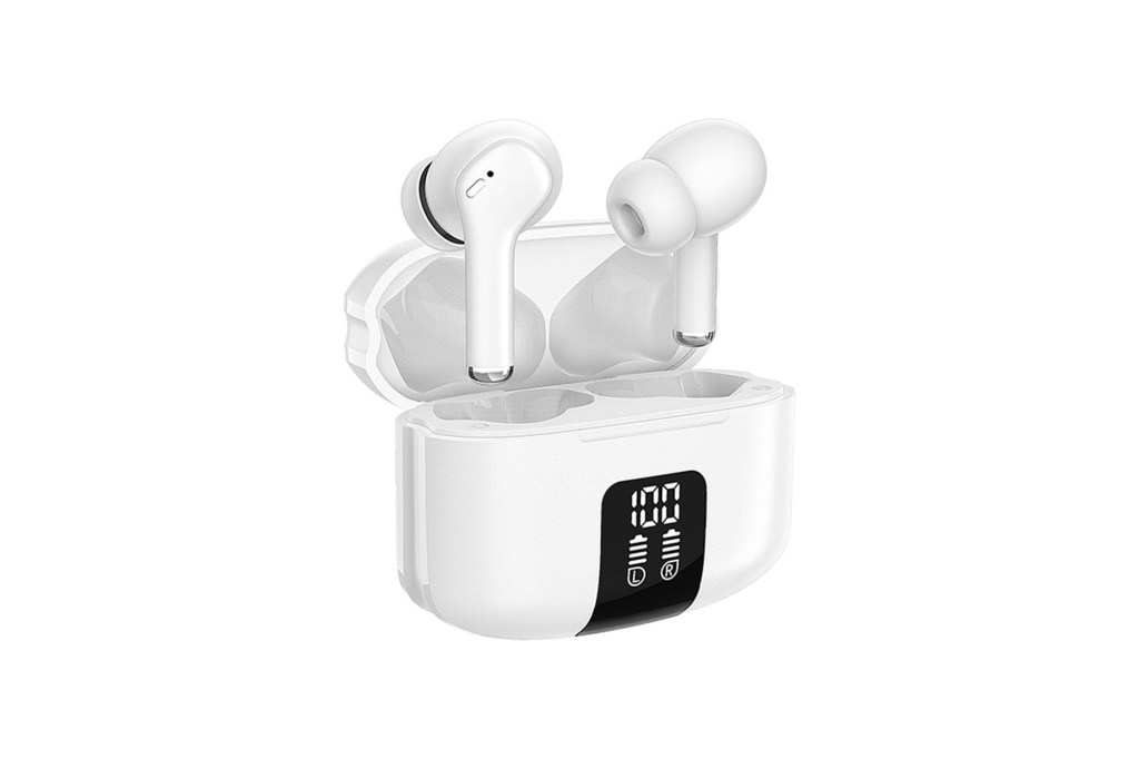 white case with battery level display and white earbuds above
