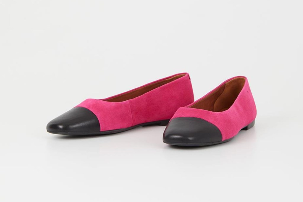 Hot pink suede and black leather ballet flats