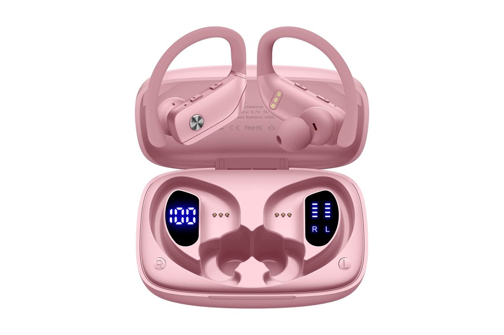 pink earhook wireless earbuds in matching charging case
