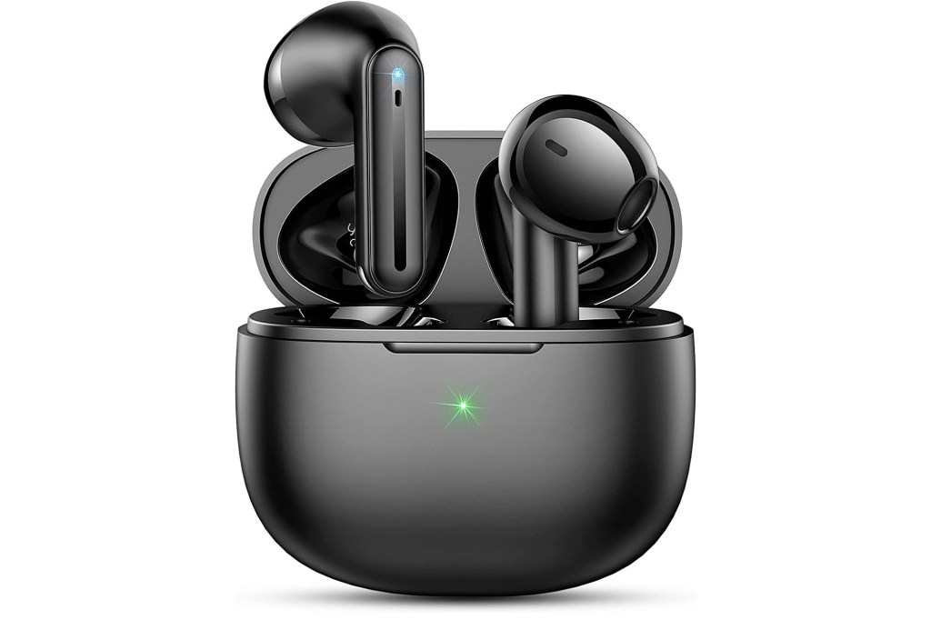 black wireless earbuds inside matching charging case