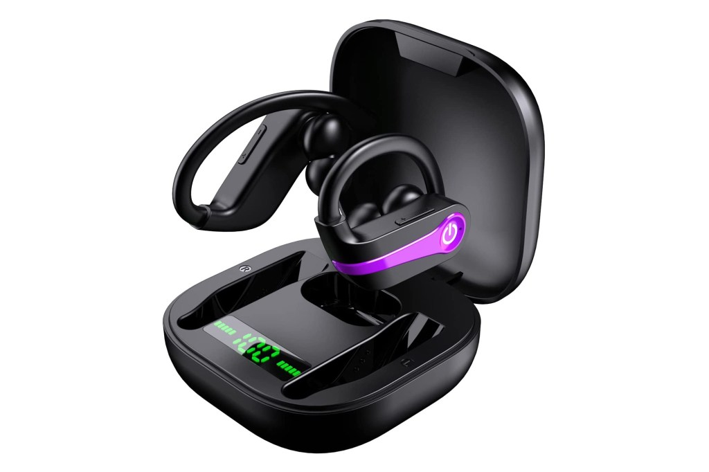 black earbuds with hooks and purple power button
