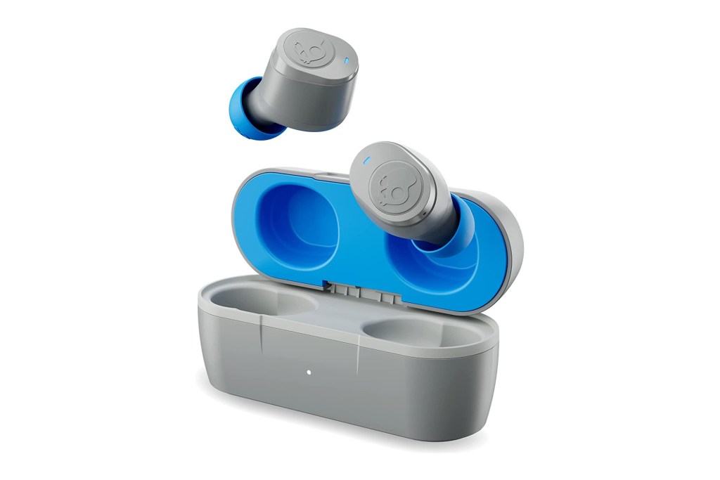 Gray and blue wireless earbuds in matching charging case