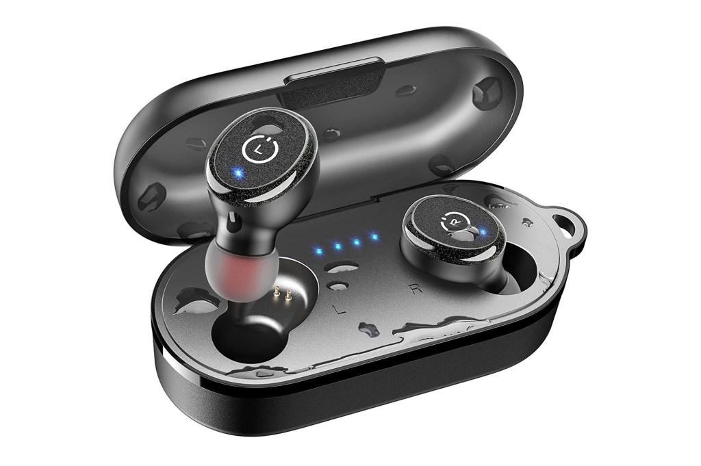 black case with wireless earbuds charging