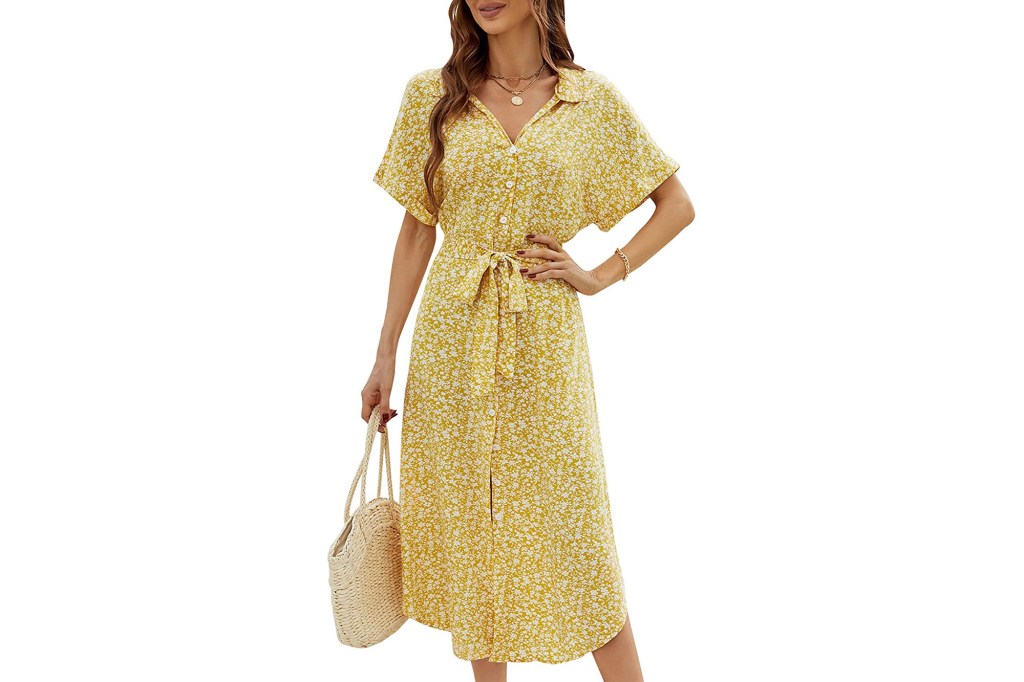 model wearing yellow floral button up dress
