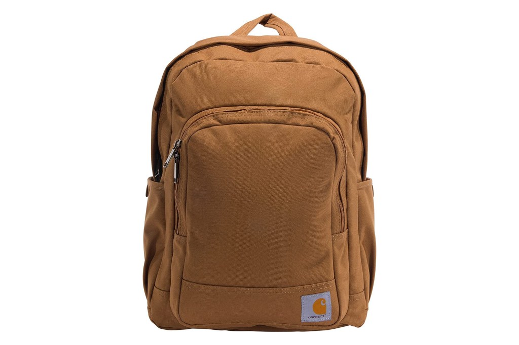 brown backpack with two zip pockets