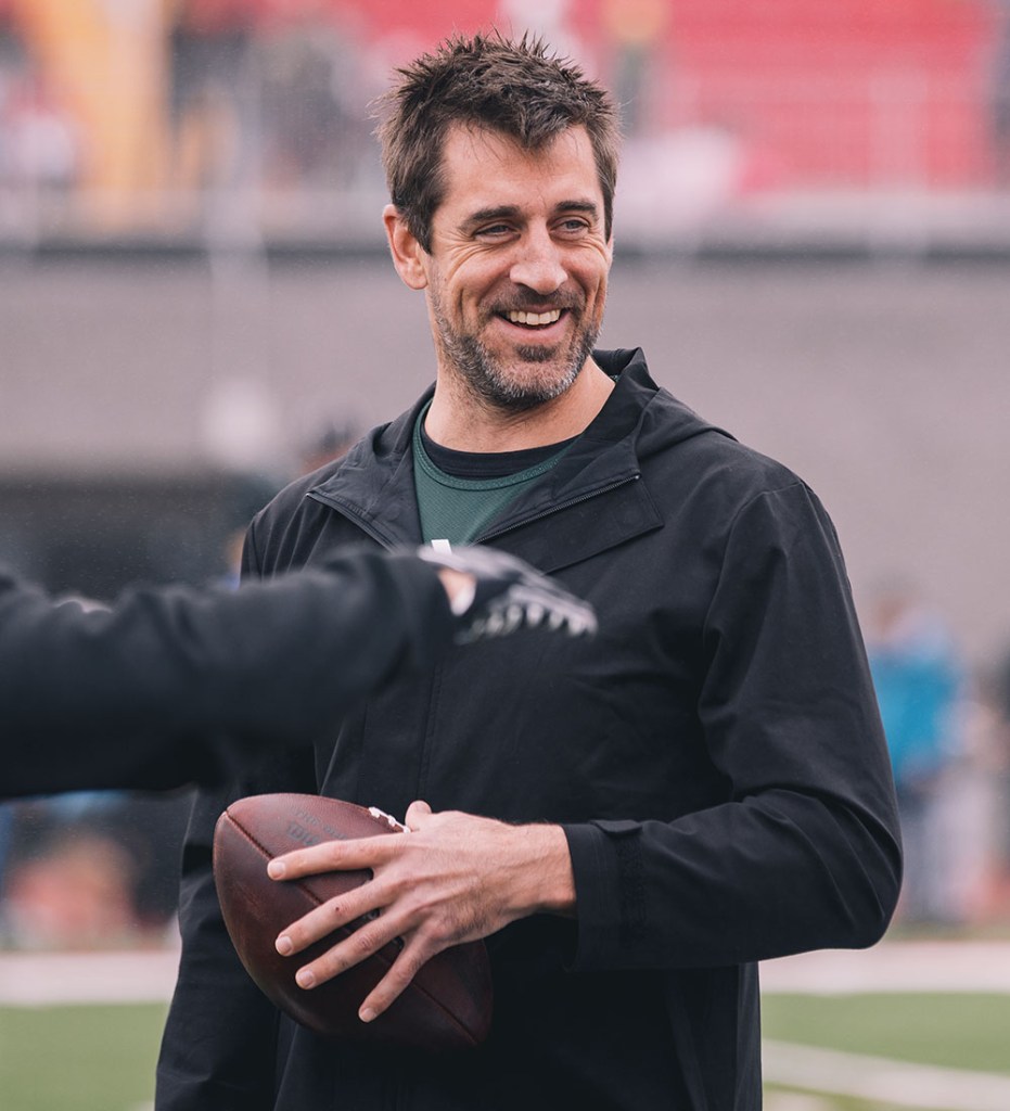 Aaron Rodgers at a Celebrity Flag Football Charity Event at Saddleback College on March 11, 2023 in Orange County, CA.  