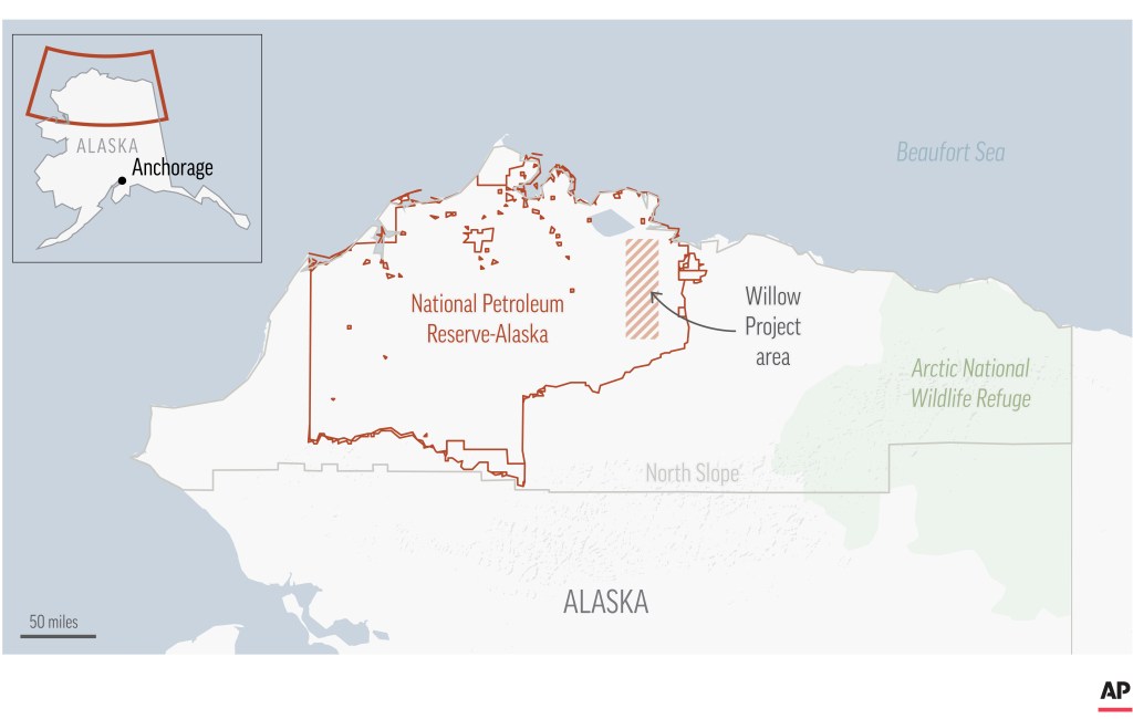 A map showing the size of the Willow Project compared to the entirety of Alaska's Natural Petroleum Preserve