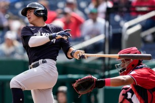 Anthony Volpe singles during the Yankees' 3-0 exhibition loss to the Nationals.