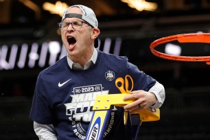 UConn coach Dan Hurley celebrates after their 82-54 victory over Gonzaga to clinch a berth in the Final Four.