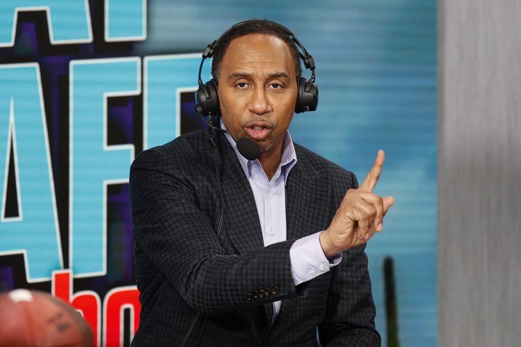 Stephen A. Smith speaks on radio row ahead of Super Bowl LVII at the Phoenix Convention Center on February 9, 2023.