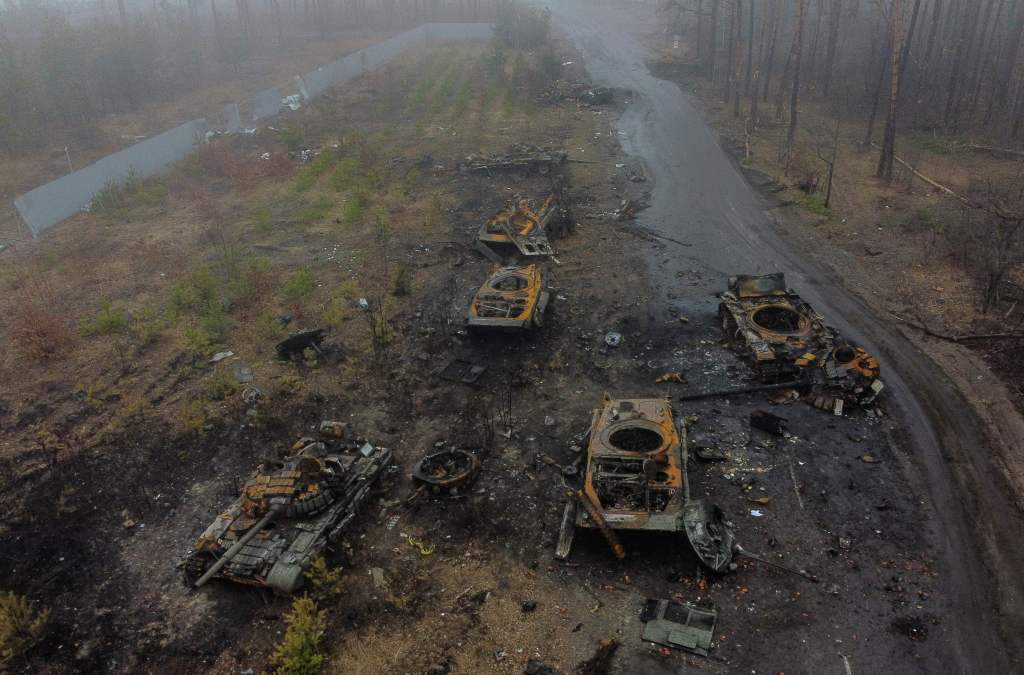 This aerial picture shows burned Russian armored vehicles in the outskirts of Kyiv, on April 1, 2022.
