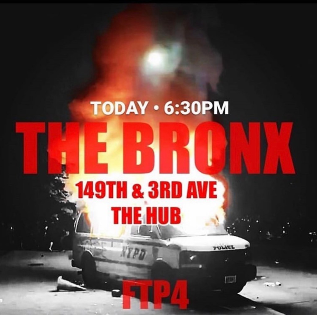 A poster for the Bronx poster featuring a burning police car.