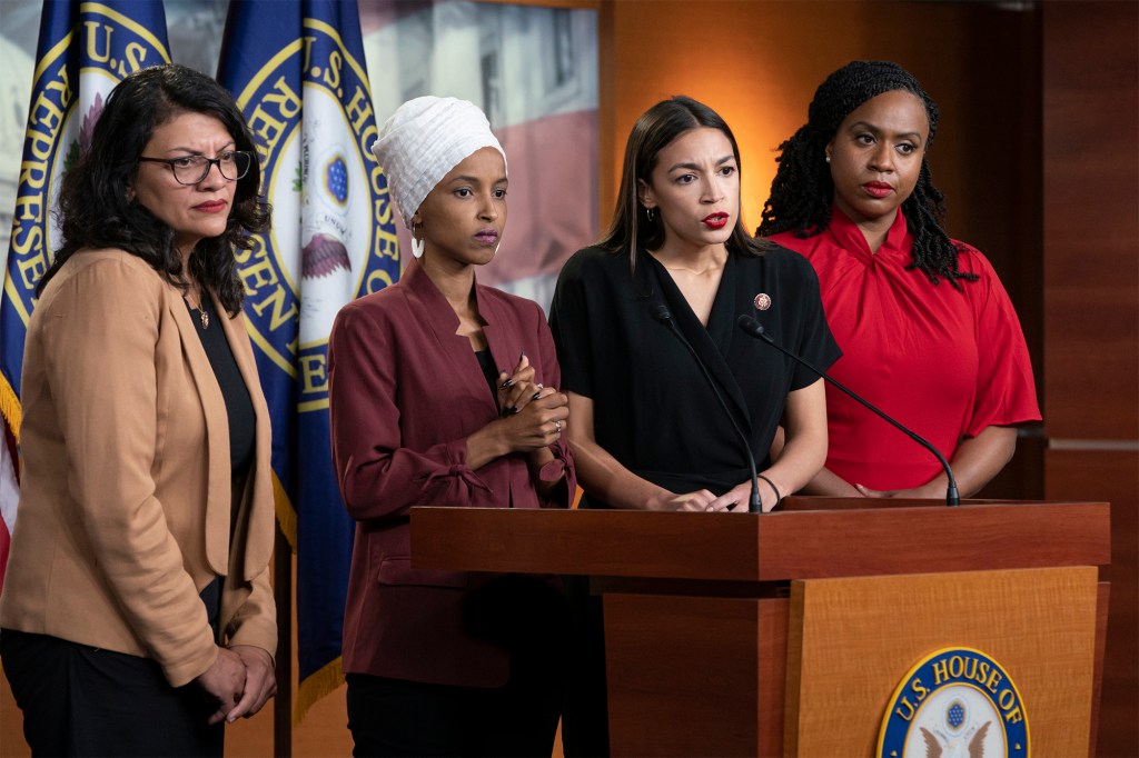 Members of the so-called "Squad" of Democratic House lawmakers, including Rep. Ilhan Omar (D-Minn.), second from left. 