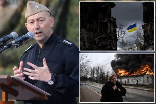 Former top NATO commander James Stavridis. A woman reacts to the shelling of a home in Irpin, near Kyiv, on Saturday. A Ukrainian flag flutters between two bombed out buildings in Borodianka last April.